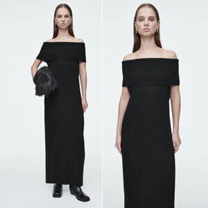 COS Merino Wool Bardot Maxi Sweater DRESS Size L Black Off The Shoulder NEW $150